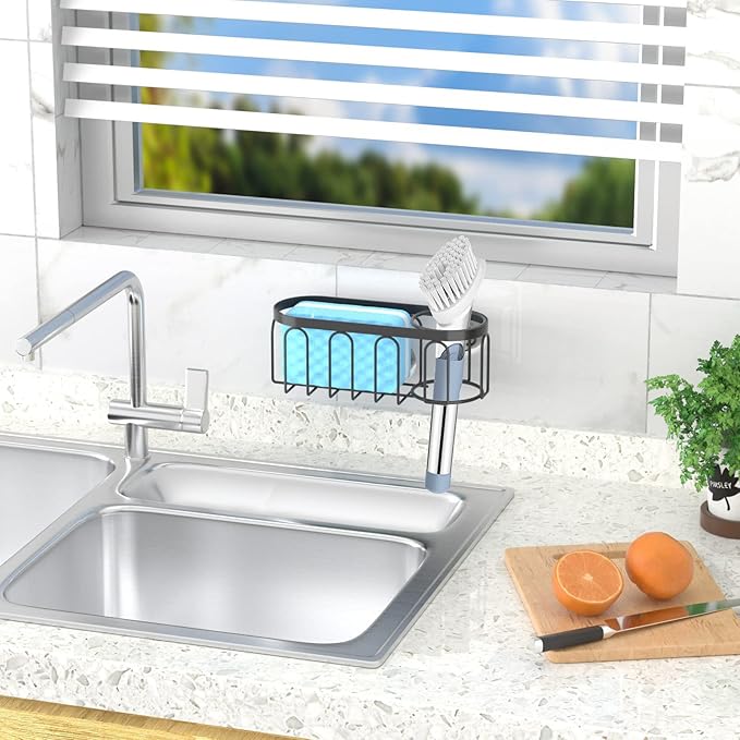 Yazoni 2-in-1 Sponge Holder for Kitchen Sink, Suction Cup Sponge Rack Kitchen Caddy, No Drill Rustproof Sink Organizer Holder for Place Dishwashing Brush Soap (Black)