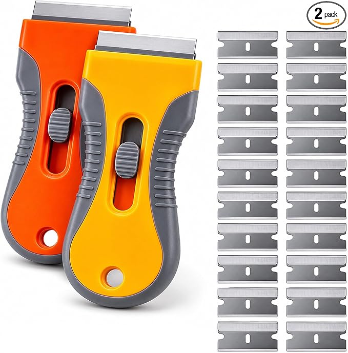 Razor Blade Scraper Tool, 2 Pack Scraper with 20 Replacement Blades, Retractable Scraper with Safety Lock and Non-Slip Grip for Removing Stickers, Labels, Paint, Caulk from Windows, Cooktop and Glass