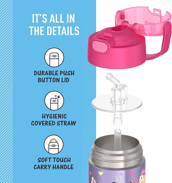 THERMOS FUNTAINER Water Bottle with Straw - 12 Ounce - Kids Stainless Steel Vacuum Insulated Water Bottle with Lid,Gabby’s Dollhouse,(Pack of 6)