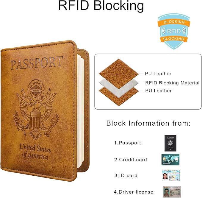 WALNEW Passport Holder for Travel, RFID Passport Cover Wallet for Women Men, PU Leather Passport Book Card Holder Case with Pen, Travelling Essentials for Flying