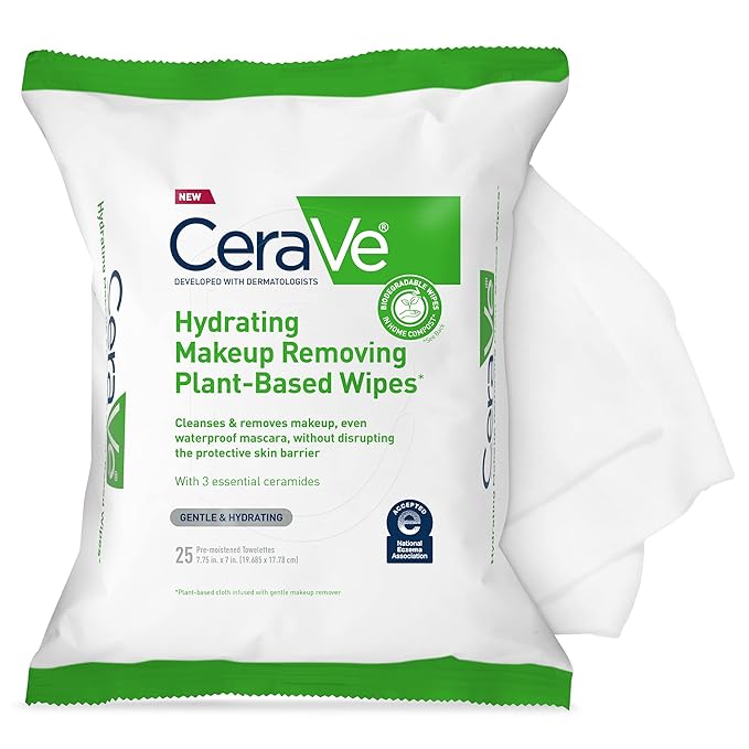 CeraVe Makeup Remover Wipes, Plant Based Face Wipes, Biodegradable in Compost, Waterless Face Wash, Travel Essentials for Women, Suitable for Sensitive Skin, Fragrance-free + Non-comedogenic, 25ct