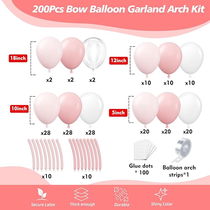 HKYOOD Pink Bow Balloon Garland Arch Kit - Coquette Birthday Decorations Coquette Bow Pink and White Balloon Arch Kit Different Size for Bridal Girls Birthday Baby Shower Party Decorations