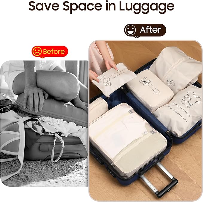 SKYREH 8 Set Travel Packing Organizers - Luggage Organizer for Suitcase Organization with Hanging Toiletry, Shoe & Laundry Bags, Packing Cubes for Travel Essentials, Cute Gifts for Women, Beige