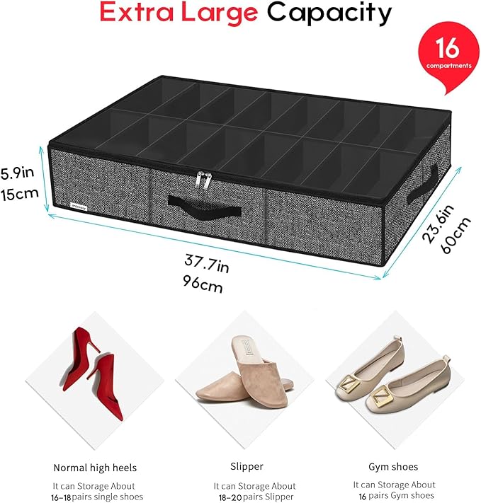 Onlyeasy Sturdy Under Bed Shoe Storage Organizer, Fits 8 to 16 Pairs, Collapsible Closet Underbed Shoes Container Bags with Reinforced Handles, 37.7x23.6x5.9in, Linen-like Black, MXAUBS16P1