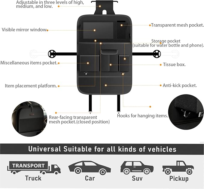 XDV Car Seat Organizers, Multi-functional Back Seat Protectors, Storage Pouches, and Tray Holders (for Cars, Kids, Seat Back and Rear Seats) (Plain Black, 1 Pcs)