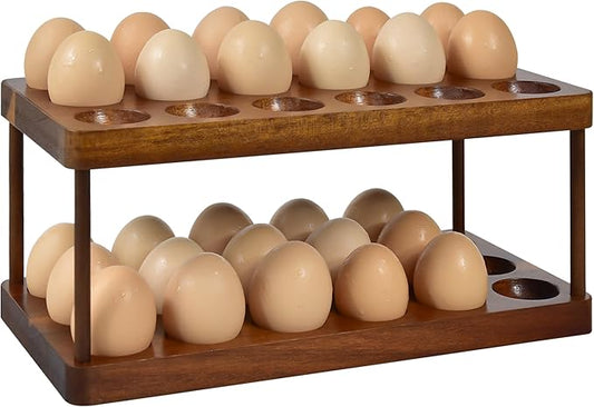 Wooden Double Layer Egg Holder - Farmhouse Kitchen Acacia Egg Tray Organizer - 2 Tier Fresh Egg Storage Rack Basket for Countertop, 36 Capacity