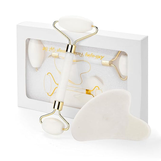 Gua Sha Facial Tools & Jade Roller for Face, Eye & Neck Skin Care, 100% Natural Jade Stone Face Roller Gua Sha Massage Tool, Eye Roller for Puffy Eyes, Facial Self Care Kit for Women (White)