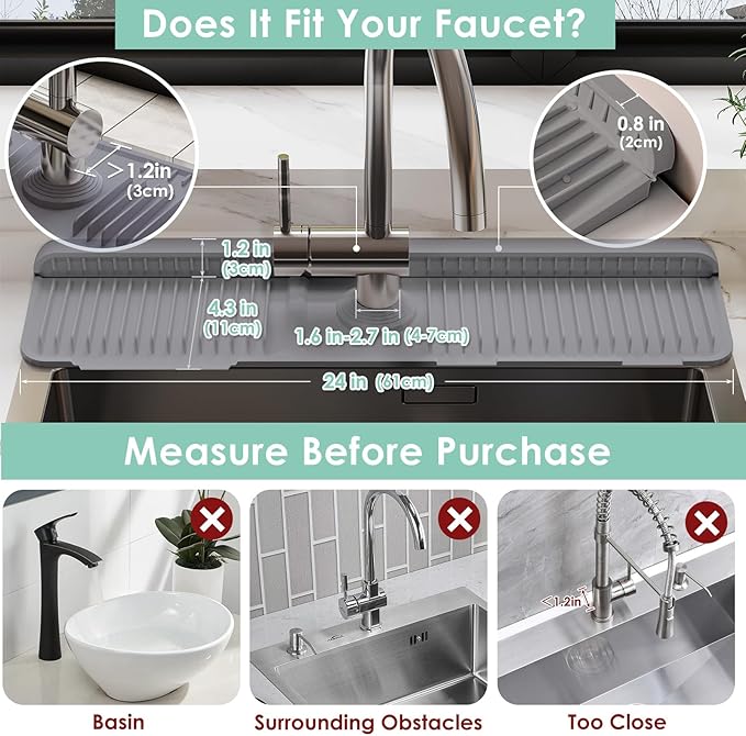 24 Inch Silicone Faucet Mat for Kitchen Sink Splash Guard - 7° Slope Water Draining Mat With Fasten Button for Bathroom Area (Dark Grey, 24''x5.5'')