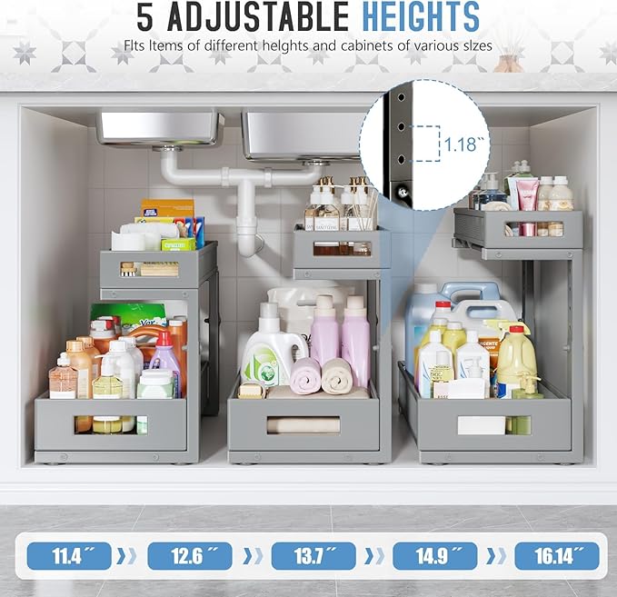 Biboraya 1 Pack 17IN Depth Under Sink Storage Organizer, Large 2-Tier Elegant Mesh Pull Out Shelf for Kitchen and Bathroom Cabinet Organization, L-Shaped and Adjustable Height Design-Gun Gray