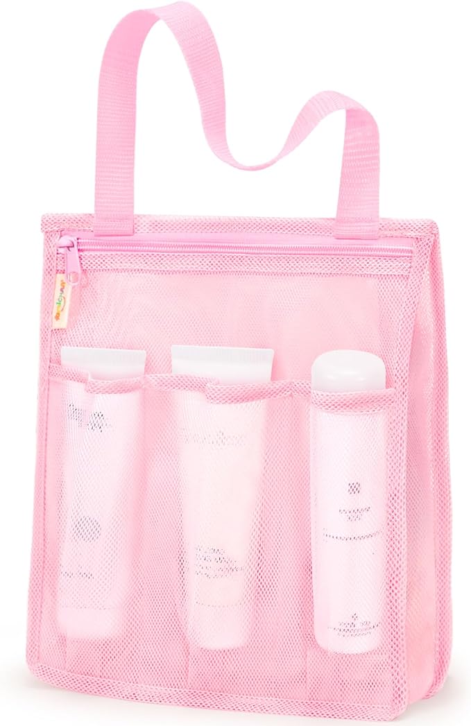 Mesh Shower Caddy Portable, Gym Travel Camp Dorm Room Essentials for Women and College Girls, Pink Bathroom Shower Bag
