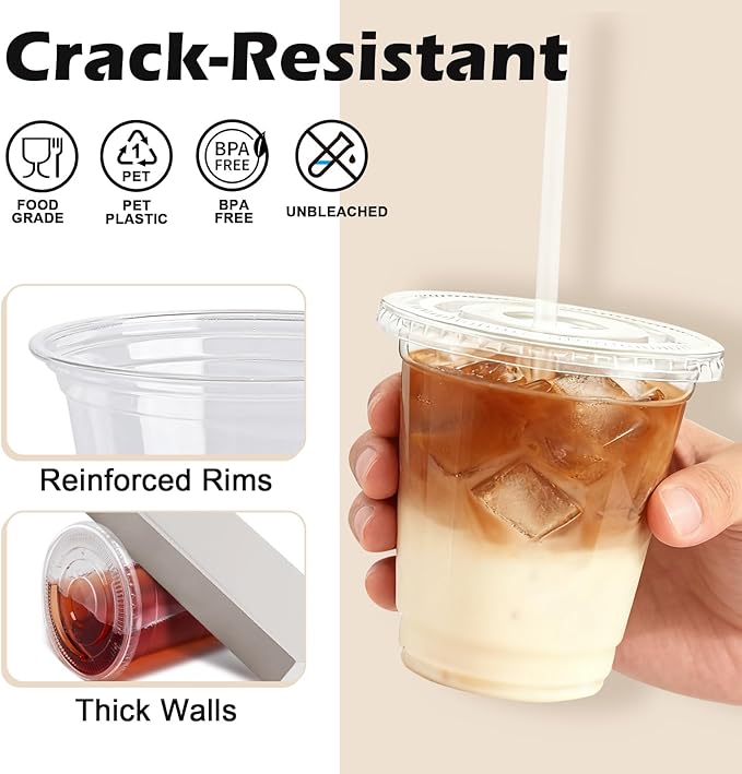 Lamosi 100 Pack 12 oz Clear Plastic Cups with Lids and Straws, Disposable Iced Coffee Cups with Lids for To-Go Cold Drinks, Smoothies and Slushie
