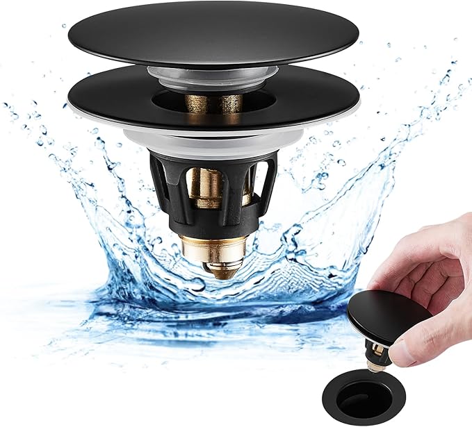 Fransiton Universal Bathroom Sink Drain Stopper, Big-Cap Pop-up Drain Fits 1.1" -1.77" Lavatory Vanity RV Sink, Anti-Clogging Drain Plug with Detachable Hair Catcher Matte Black