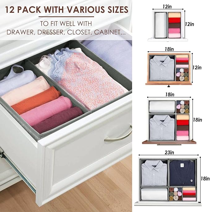 12 Pack Drawer Organizers for Clothing, Foldable Clothes Storage Box Closet Dresser Drawer Organizers Dividers, Bedroom Organization Fabric Bins for Baby Clothes Underwear Sock Bra Ties (Grey)