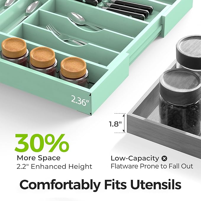 Bamboo Kitchen Drawer Organizer, Expandable Silverware Organizer with Removable Knife Block, 6-8 Slots - Utensil Holder & Cutlery Tray Drawer Dividers, 2.36" Deep for Extra Capacity, Cyan