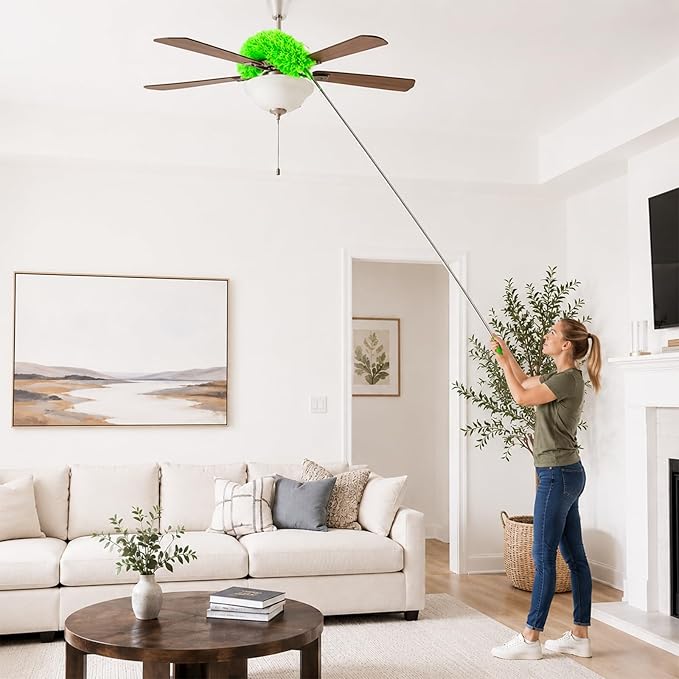 Duster for Cleaning High Ceiling Fan (Green), AzunMicrofiber Feather Duster with 30" to 100" TelescopingExtension Pole, Long Extendable Duster for Home CarFurniture Cobweb