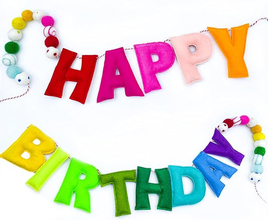 Pre-Strung Happy Birthday Banner - Handmade Felt Letters & Balls, Reusable Colorful Felt Ball Garland, Personalized Birthday Sign for Home Wall Mantles Decor Kids Rainbow Party Decorations