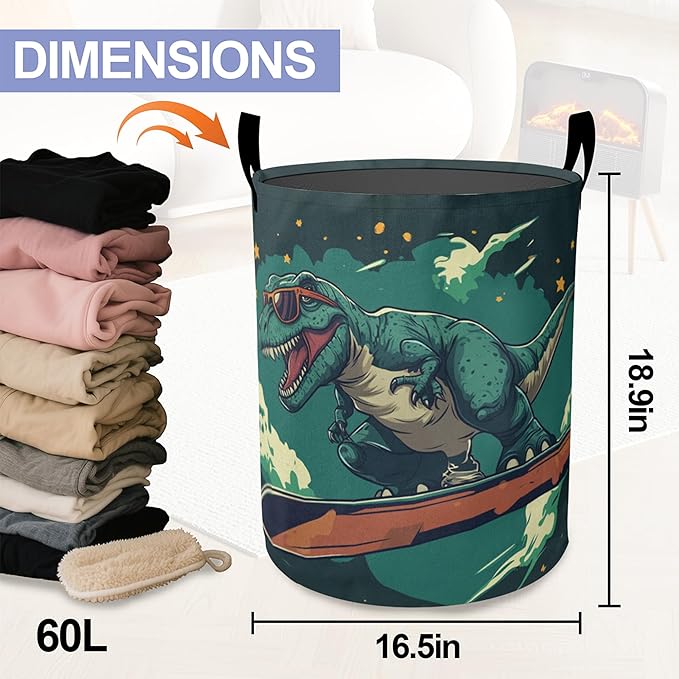 Cute Tyrannosaurus Rex Laundry Basket-Large Foldable Hamper Holder Portable Tall Collapsible Laundry Hamper Storage Basket Bin with Handles, Canvas & Waterproof lining for Household Items