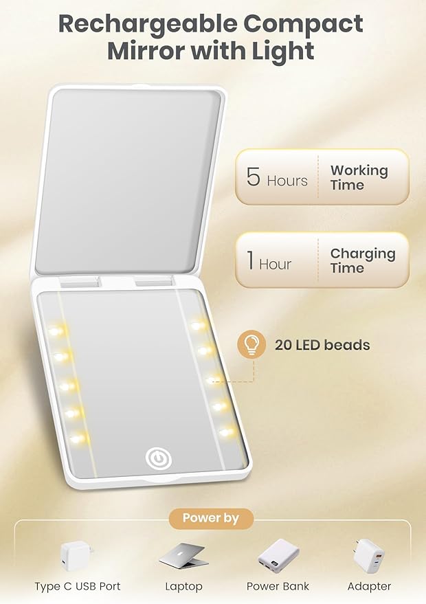 Compact Mirror, Rechargeable 30X Magnifying Mirror with 3 Lighting Modes & Dimmable Brightness, Portable Travel Makeup Mirror with Light, Essentials for Travel, Pocket, Purse, Gifts for Women White