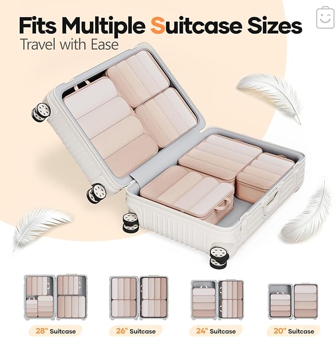 Veken 6/9/11 Set Compression Packing Cubes for Travel Essentials,Compressible Expandable Large Luggage Suitcase Organizer Bags for Clothing,Durable Space Saver Storage Bags(Beige)