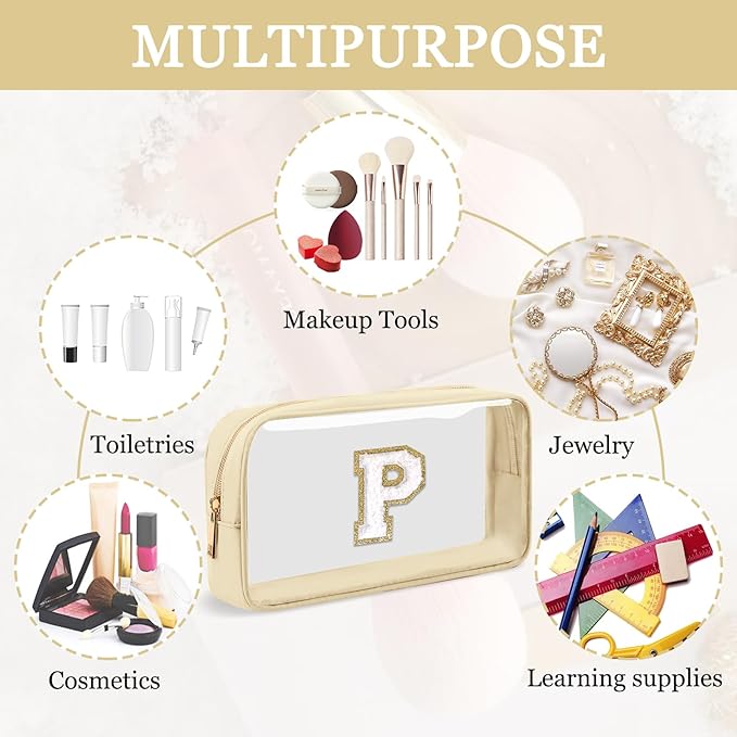 Small Clear Personalized Initial Makeup Bag, Preppy Nylon A-Z Chenille Letter Patch Makeup Organizer TSA Approved Travel Toiletry Bag,Waterproof Zip Beach Cosmetic Pouch Purse for Women(Beige-White P)