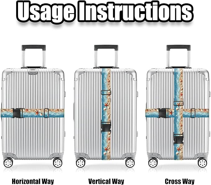Nuxovilar Luggage Straps of 2 Set Beach Shells Starfish Pattern, 1.96x90.5 inches - Luggage Straps for Suitcases, Perfect for Beach Trips, Summer Travel, Vacations