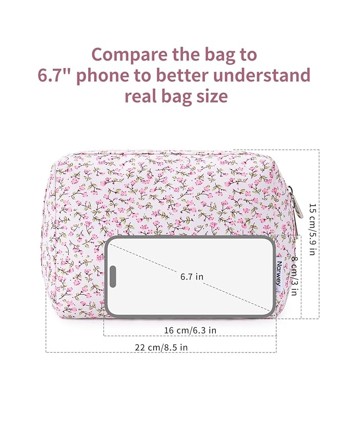 Narwey Cute Floral Makeup Bag Travel Cosmetic Bag Organizer Toiletry Bag Make Up Bags with Compartments for Women Girls (Green Leaves and Flower, Large)