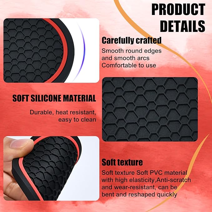 4PCS Car Cup Holder Coasters, 2.75 Inch Non-Slip Insert Cup Holder Pad, Dustproof Automotive Interior Accessories Mat, Universal for Trucks, Vehicles, RVs and More (Black/Red)