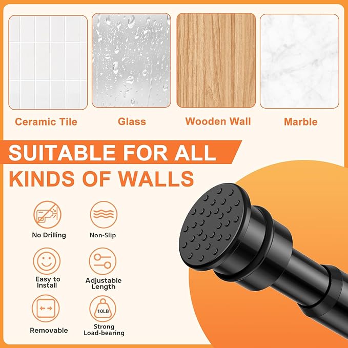 Tension Curtain Rod 26 to 48 Inch Adjustable Tension Rods 2 Pack Expandable Spring Tension Rod Black No Drilling for Closet Kitchen Cupboard Wardrobe Door Bookshelf DIY Projects