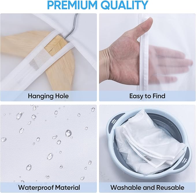 BALEINE 40'' Translucent Garment Bags, 12 Packs PEVA Dress Bag for Closet Clothes Dresses Suit Coats Storage (White, 12PK)