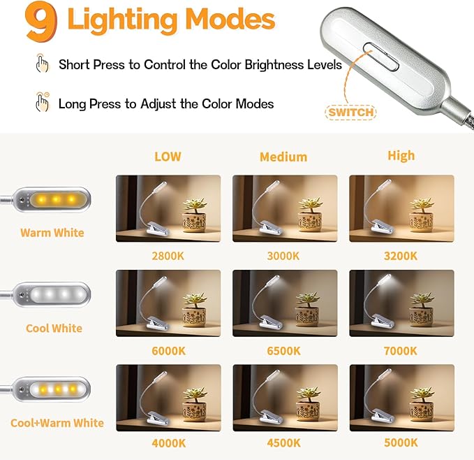 VAVOFO Rechargeable Book Light for Reading in Bed Kids, 7 LED Reading Light with 9-Level Warm Cool White Daylight, Eye Care Lamp with Power Indicator for Bookworms (Silver)