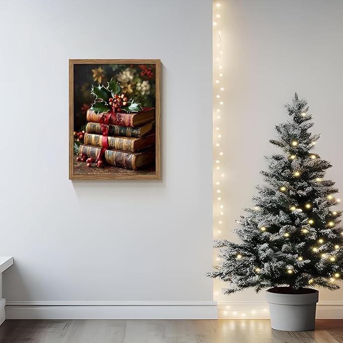 Vintage Christmas Books Canvas Wall Art Framed, Dark Academia Pictures Wall Decor, Rustic Xmas Bookish Decor, Moody Paintings Prints, Winter Navidad Artwork for Home Library Reading Room 12x16 Inch