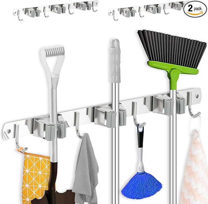 2 Pack Broom Holder Wall Mount 3 Racks 4 Hooks Stainless Steel Broom Mop Holder Anti Slip Storage Rack Strong Load Bearing Waterproof Broom and Mop Organizer Wall Hanging for Bathroom Kitchen Garage