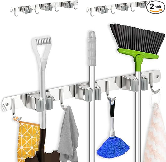2 Pack Broom Holder Wall Mount 3 Racks 4 Hooks Stainless Steel Broom Mop Holder Anti Slip Storage Rack Strong Load Bearing Waterproof Broom and Mop Organizer Wall Hanging for Bathroom Kitchen Garage