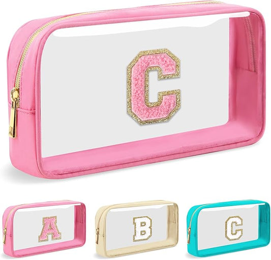 Personalized Initial Letter Clear Makeup Bag, Preppy Small Nylon & PVC Cosmetic Zipper Bag with Chenille Letter, Portable Beach Travel Skincare Toiletry Bag, Trendy Monogram Gift for Teen Girls Women, C