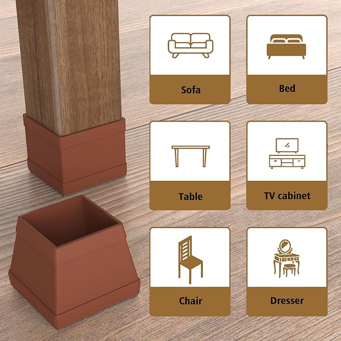 16 Pcs Square Chair Leg Protectors for Hardwood Floors, Silicone Felt Furniture Pads Non Slip,Free Moving Table Leg Covers,Chair Protectors for Wooden Floors. Brown