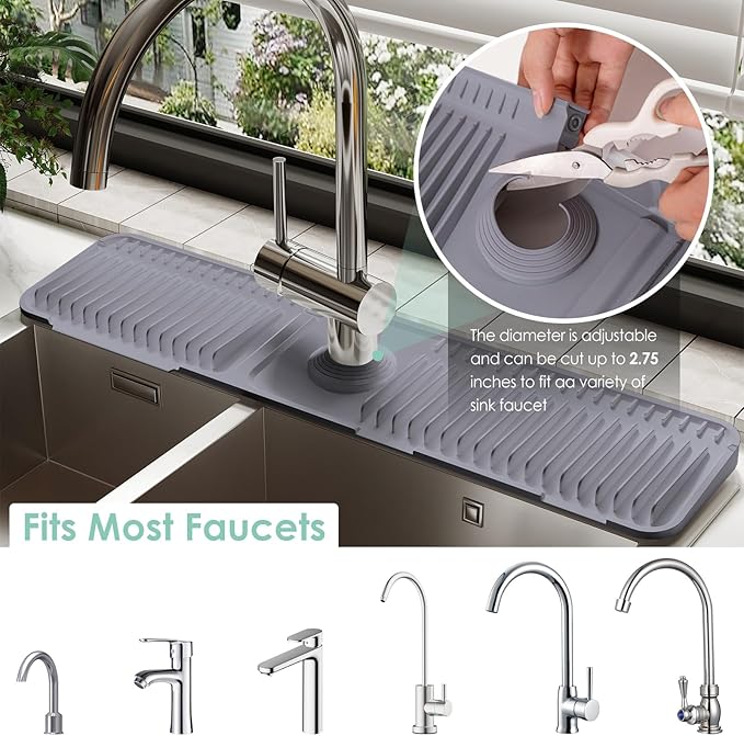24 Inch Silicone Faucet Mat for Kitchen Sink Splash Guard - 7° Slope Water Draining Mat With Fasten Button for Bathroom Area (Dark Grey, 24''x5.5'')