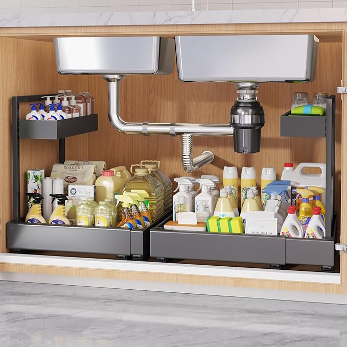 1-Pack L-Shape Expandable Under Sink Organizer with 3 Ball-Bearing Slide Rails, 2-Tier Pull-Out Under Cabinet Storage Shelf for Kitchen & Bathroom, Height-Adjustable Slide-Out Cabinet Drawer - Black