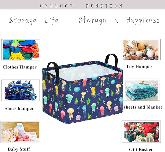 KUNRO Rectang Storage Basket Gift Shelf Basket Storage Bin, Nursery Basket Organizer Box for With Handles for Room Deco (Colorful Jellyfish)