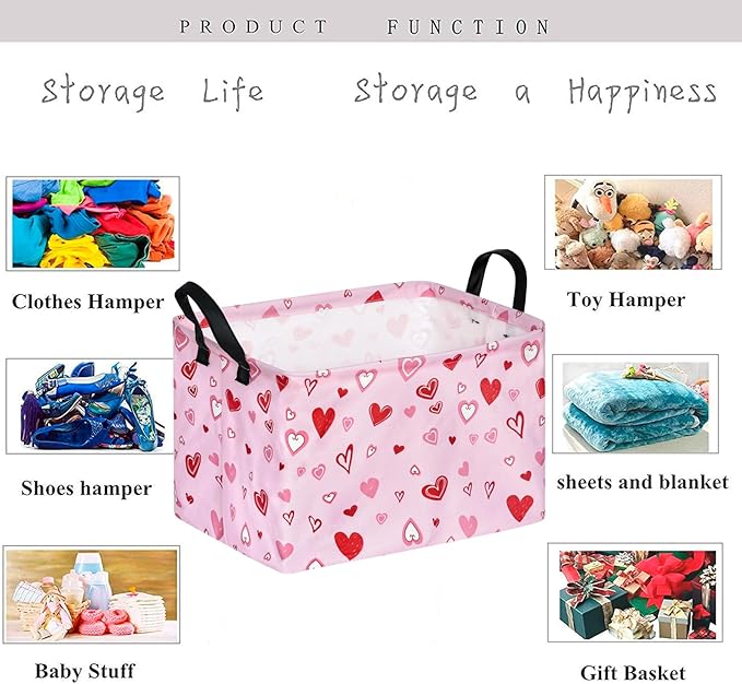 KUNRO Rectang Heart Pattern Vantine's Storage Basket Gift Shelf Basket Storage Bin, Nursery Basket Organizer Box for With Handles for Room Deco