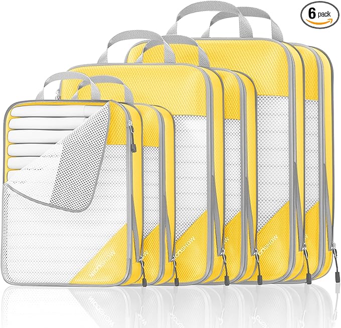 Compression Packing Cubes 6 Set, Compressible Space-Saving Packing Cubes for Travel - Compression Bags, Luggage Organizer, Travel Essentials for Women, Golden Yellow