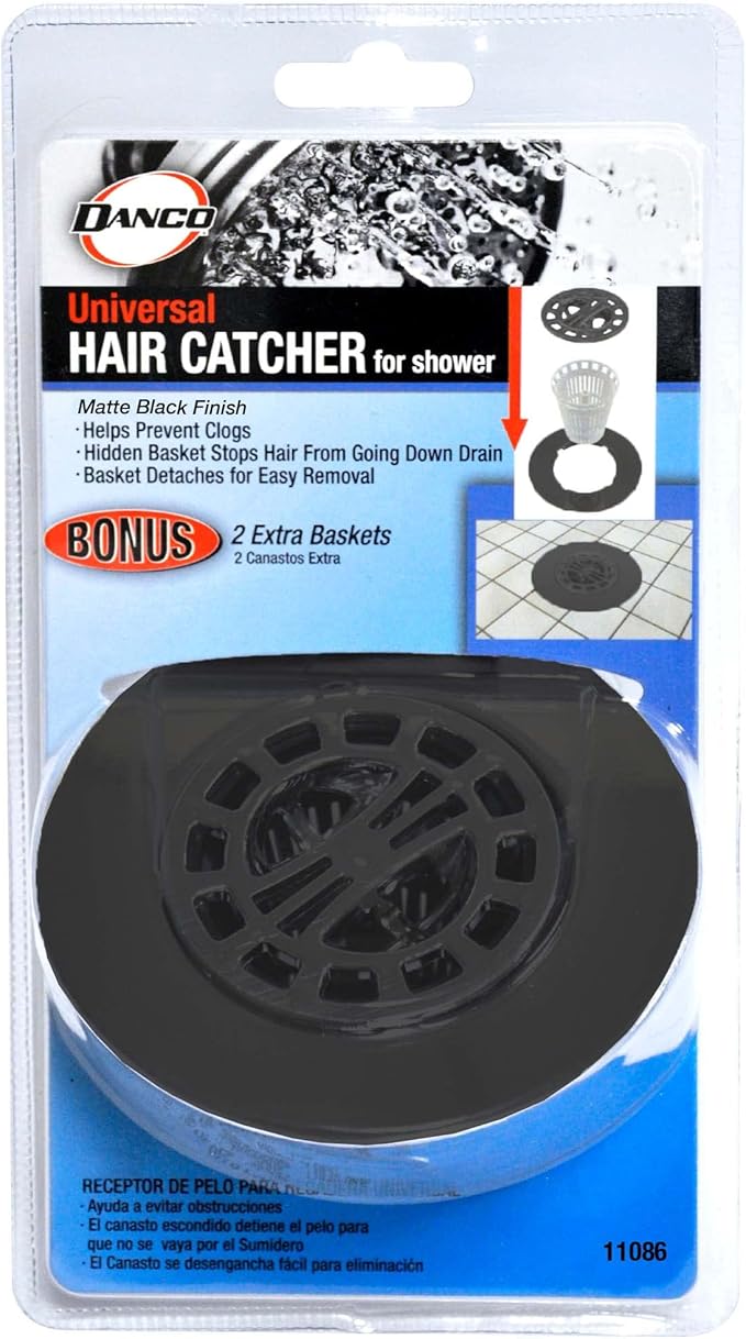 Danco Snap-in Shower Drain Cover with in-Drain Hair Catcher, 4-1/4" Round, Matte Black Strainer, (11086)