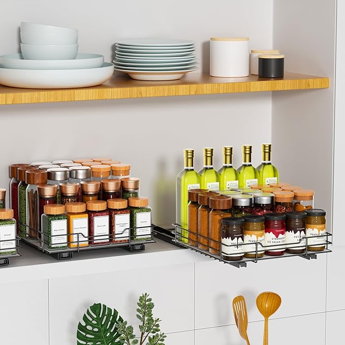 RCHYFEED Pull Out Spice Rack Organizer for Cabinet, Slide out Spice Organization for Inside Cabinets, Heavy Duty Seasoning Organizer Fits Kitchen and Pantry, Sauces, Canned (10.5''Wx10.5''Dx2.5''H)