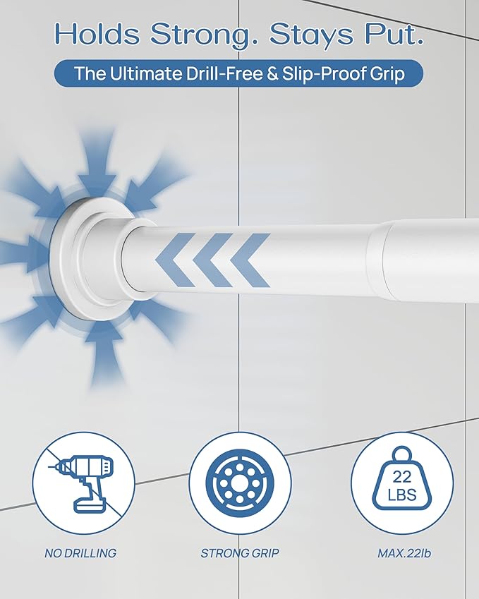 ALLZONE Adjustable Tension Curtain Rod, 42 to 78 Inches, Spring Loaded Curtain Rods No Drilling, Renter Friendly Tension Rod for Windows, Shower, Closet, No Drill, Non-Slip, White
