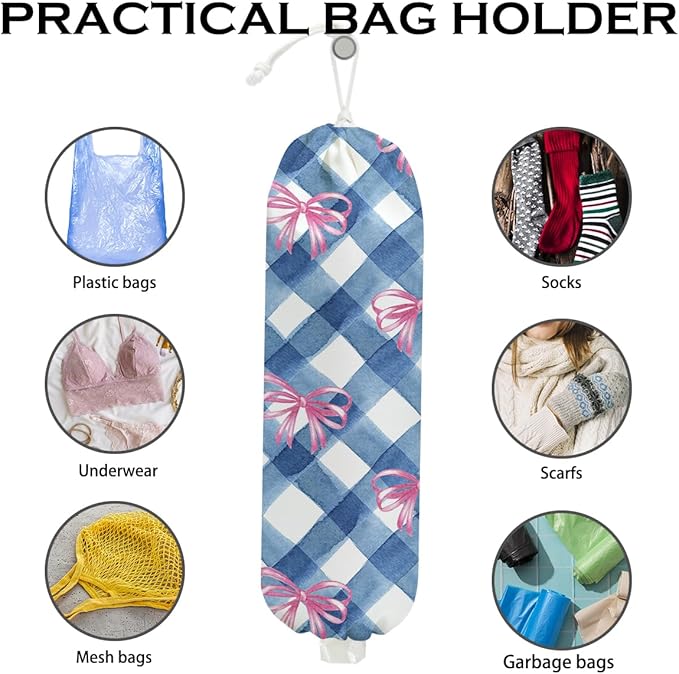 Pink Bow Plastic Bag Holder for Kitchen Essentials, Wall Mount Grocery Bag Holder for Plastic Bags, Blue White Plaid Reusable Shopping Bags Storage Dispenser for Home Kitchen Pantry, 22.5x9 Inch