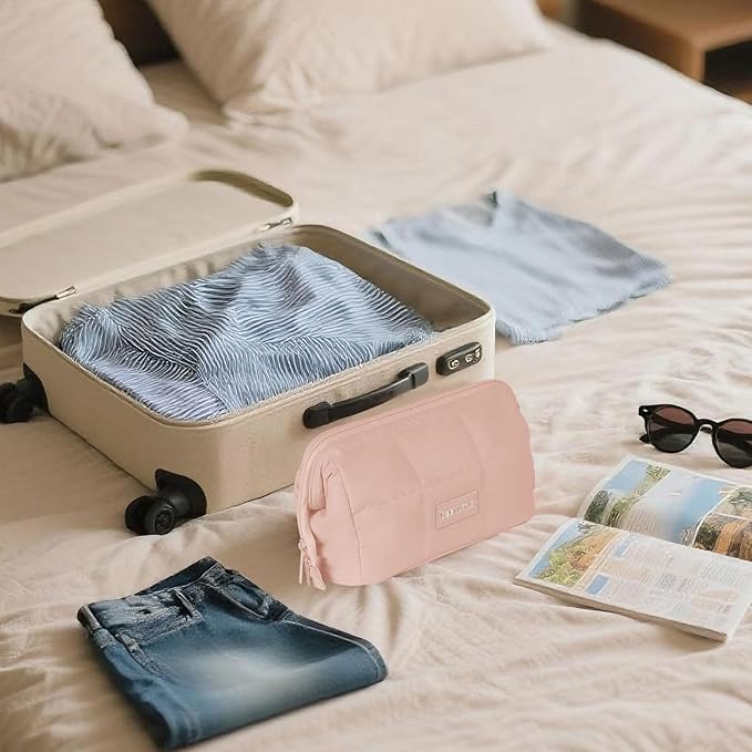 Makeup Bag Travel Toiletry Bag - Puffy Padded Make Up Bag, Waterproof Cosmetic Bag with Multiple Compartments, Wide-open Makeup Pouch for Cosmetics, Toiletries, and Travel Essentials, Pink