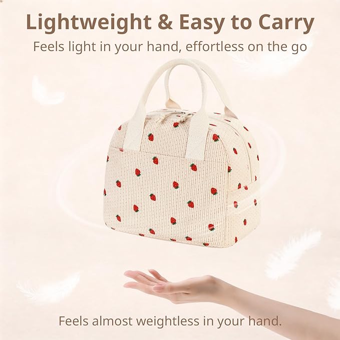 LOVELYWIND Insulated Strawberry Lunch Bag for Women, Stylish Corduroy Tote with Aluminum Lining, Large Capacity Reusable Cooler for Work, Travel, Beach or Picnic, Beige Cream Water-Resistant Lunch Box