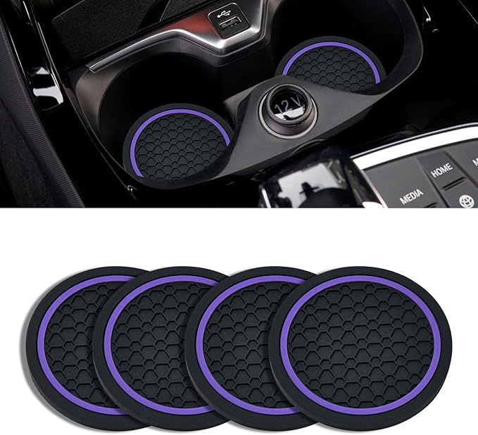 4PCS Car Cup Holder Coasters, 2.75 Inch Non-Slip Insert Cup Holder Pad, Dustproof Automotive Interior Accessories Mat, Universal for Trucks, Vehicles, RVs and More (Black/Purple)