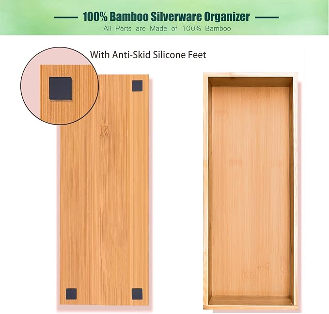 Set of 2 Bamboo Drawer Organizer, Stackable Utensil Organizer for Kitchen, Bamboo Storage Box Wood Silverware Tray for Drawer