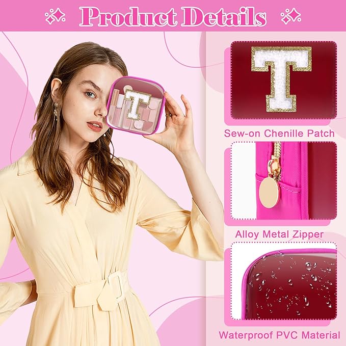 Personalized Initial Letter Clear Preppy Makeup Bag,Mini Nylon Chenille Letter Cosmetic Bag Cute Zipper Pouch Coin Purse for Teen Girls,Portable TSA Approved Travel Essentials Bag Gift for Women,T