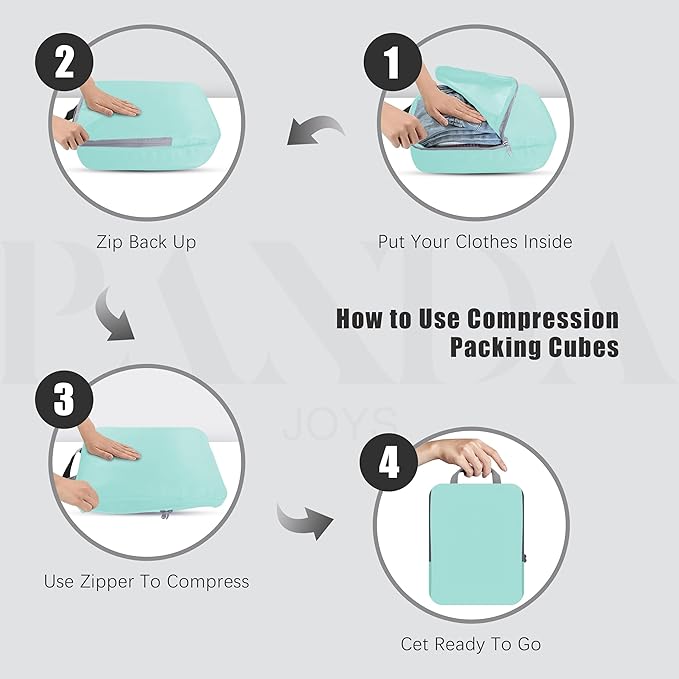 4 Set Compression Packing Cubes Travel - Travel Accessories Expandable Packing Organizers for Carry On - Essentials Luggage Bags - Light Teal